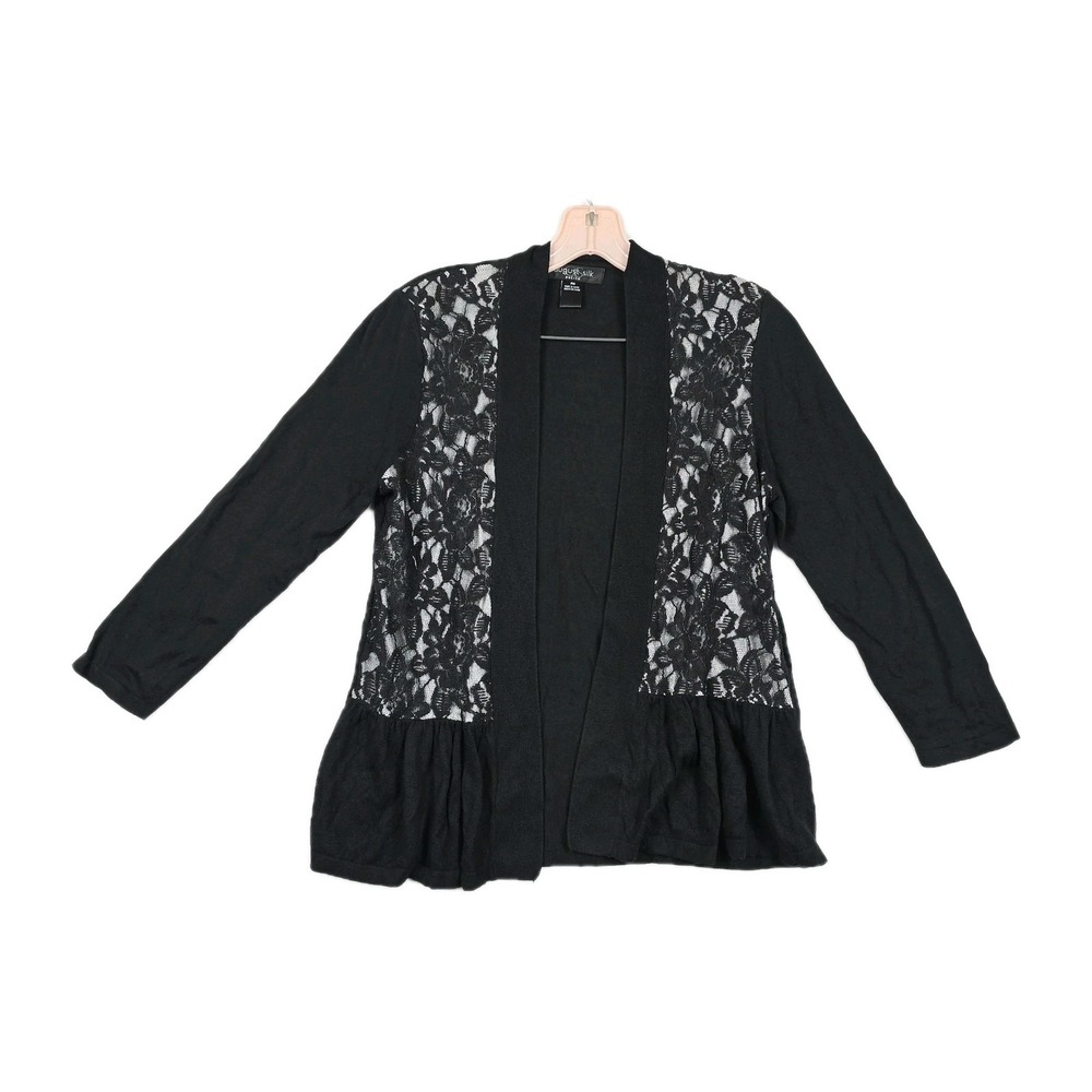 August Silk Petite Medium PM Black Lace Knit Cardigan Peplum Open Front Sweater